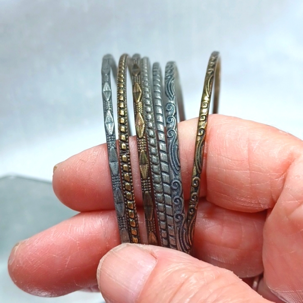 Vintage Set,Of 7 Bangle Bracelets Copper Finish Brass Silver  Finish